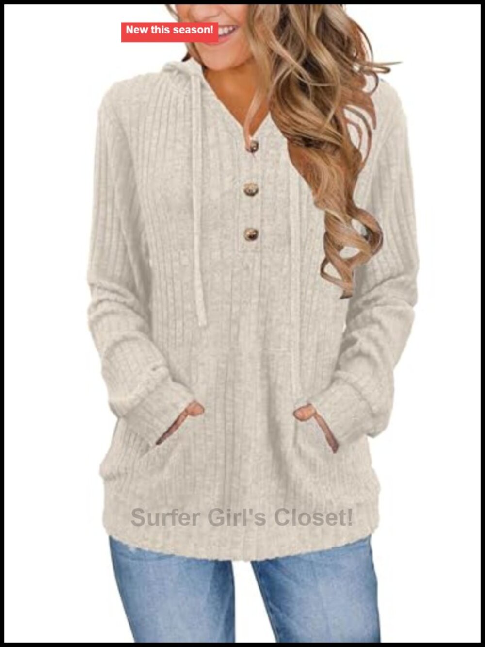 Women's Ribbed Stretch Hooded Henley Pullover Sweater Kangaroo Pocket